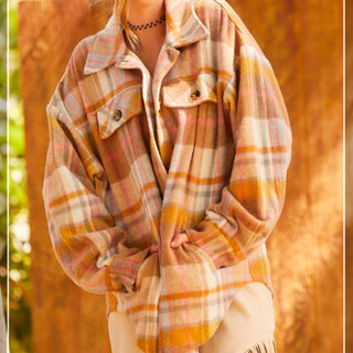 Shacket oversized fit rust plaid with mustard accent