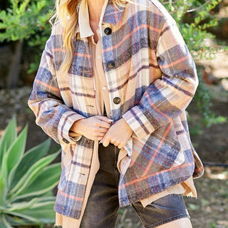 Shacket taupe, blue, melon plaid button front with pockets