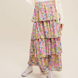 Convertible tiered pink floral maxi skirt & dress
