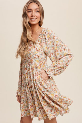 Floral print square neck tiered dress
