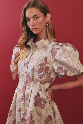 Marcy Jacquard Puff Sleeve Mini Dress