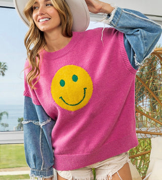 All Smiles Sweater With Denim Sleeves