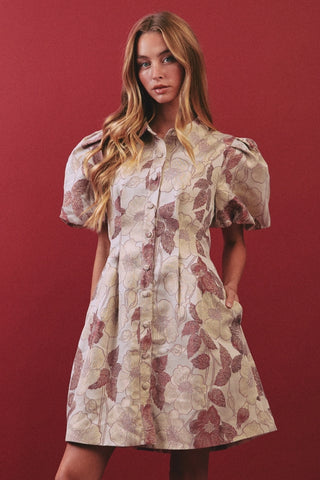 Marcy Jacquard Puff Sleeve Mini Dress