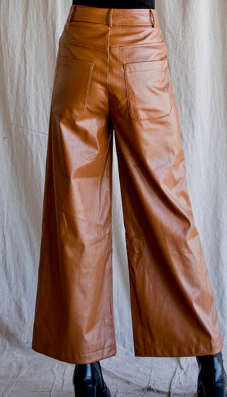 Faux leather black & brown wide leg pants with button zipper closure